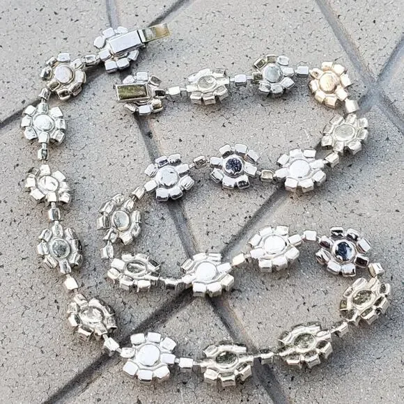 Sparkly Silver Tone Faux Sapphire & Diamond Accent Statement Necklace Vintage - Picture 4 of 8